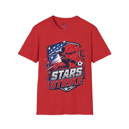 USA Soccer Stars Strike T‑Shirt — American Flag Soccer Player Graphic