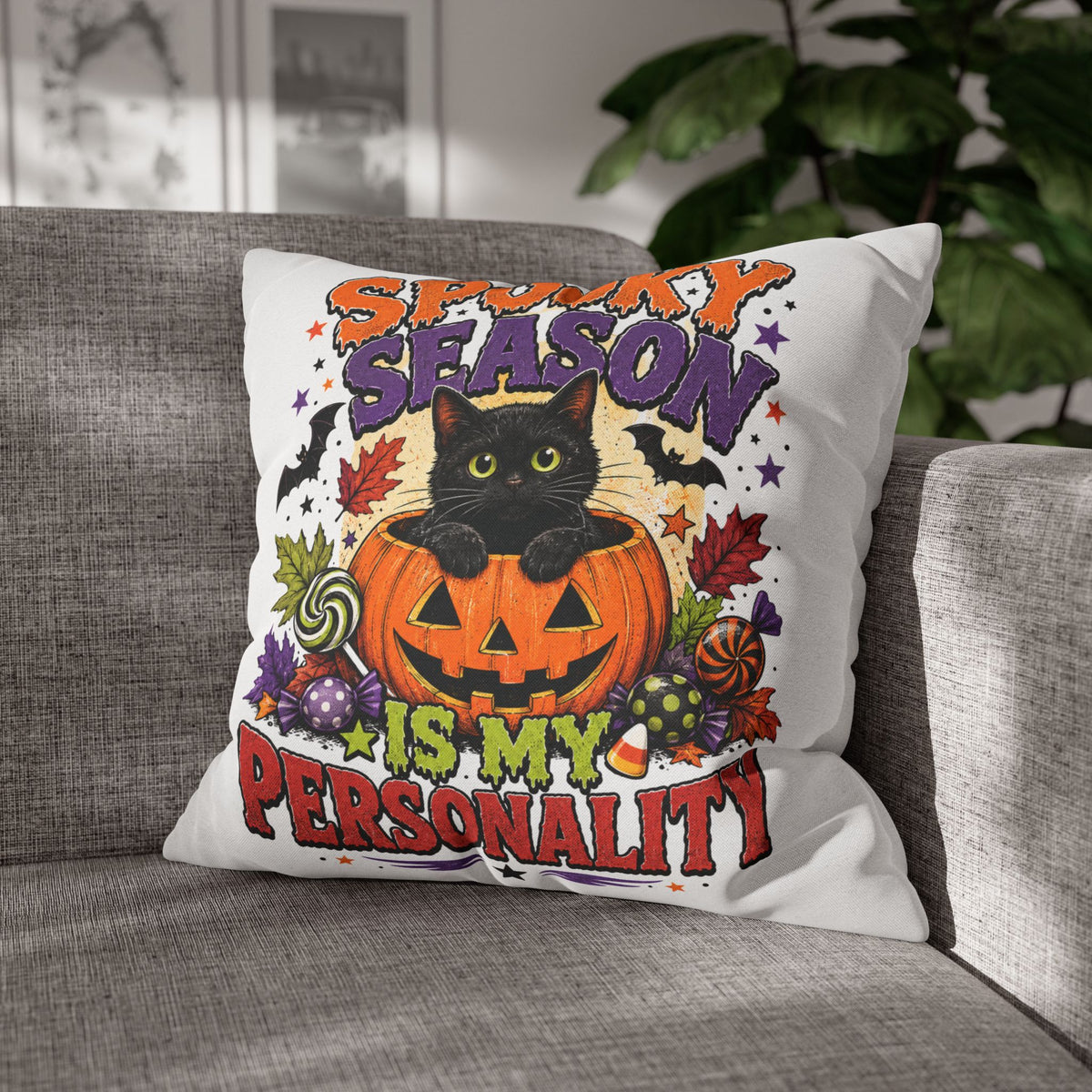 Halloween Pillowcase — "Spooky Season Is My Personality" Black Cat & Pumpkin Decorative Pillow Cover
