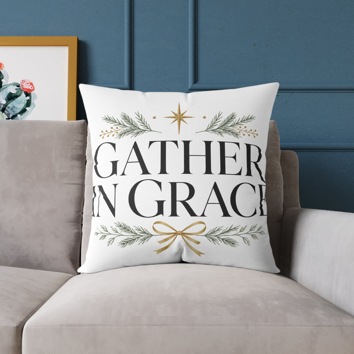Christmas Gather in Grace Holiday Pillow - Square Poly Canvas Throw Pillow