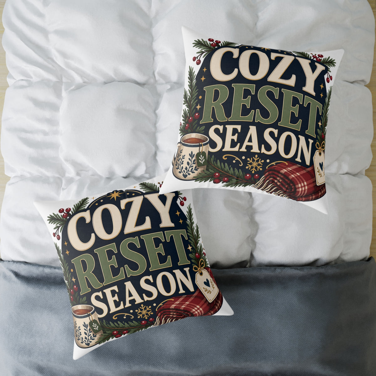 Modern Day Christmas Cozy Reset Season Square Poly Canvas Pillow