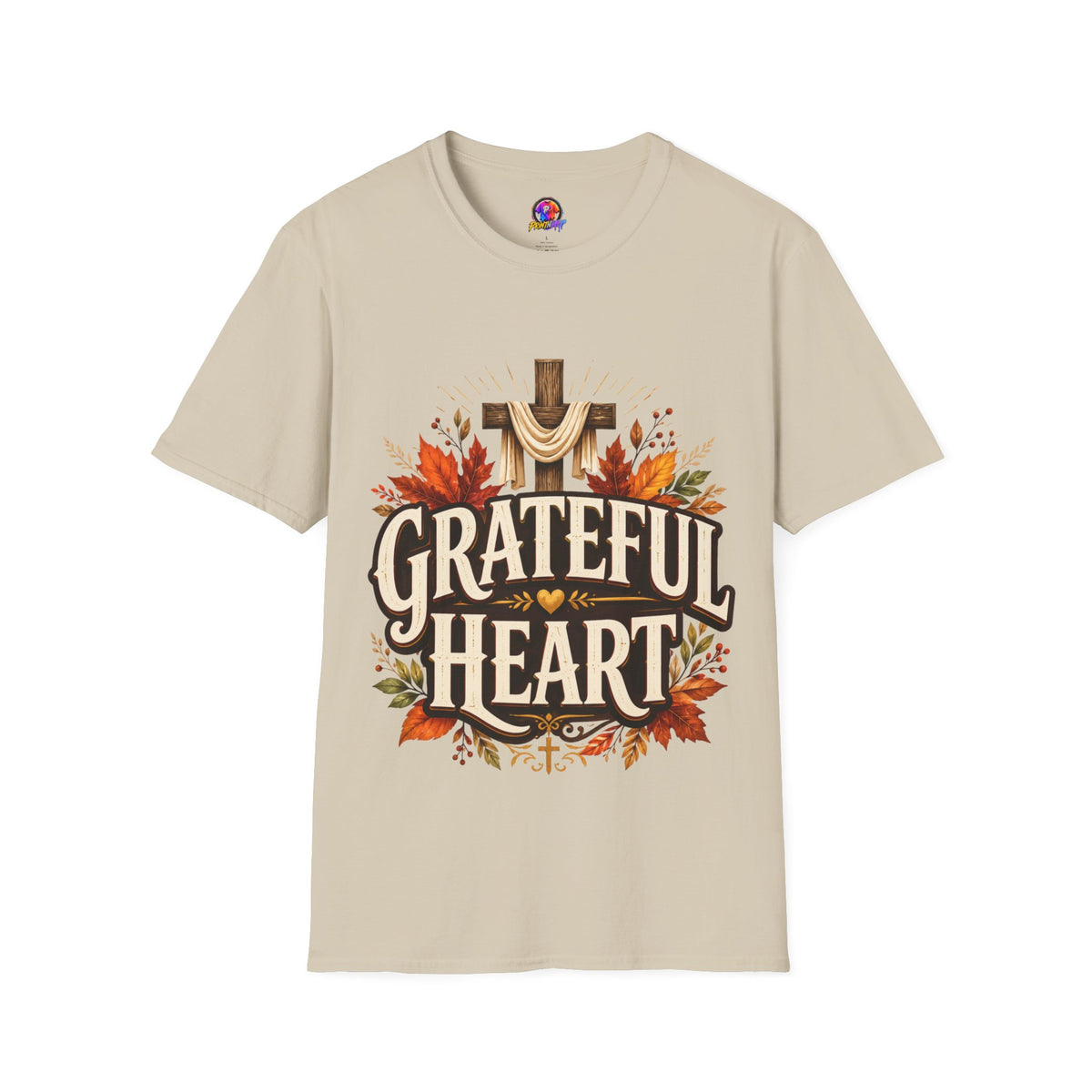 Thanksgiving T-Shirt Grateful Heart T-Shirt — Christian Cross & Autumn Leaves Thanksgiving Tee