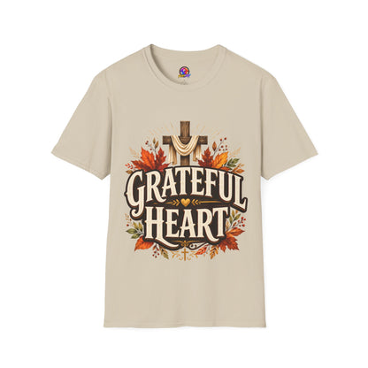 Grateful Heart T-Shirt — Christian Cross & Autumn Leaves Thanksgiving Tee