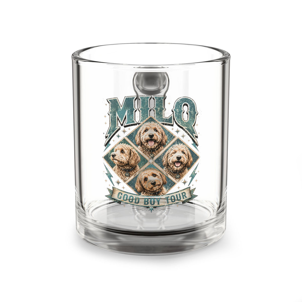 Milo "Good Boy Four" 10oz Glass Mug — Personalized Dog Photo Coffee Cup Milo Bailey Dog Dad Mom  Glass Mug 10 oz