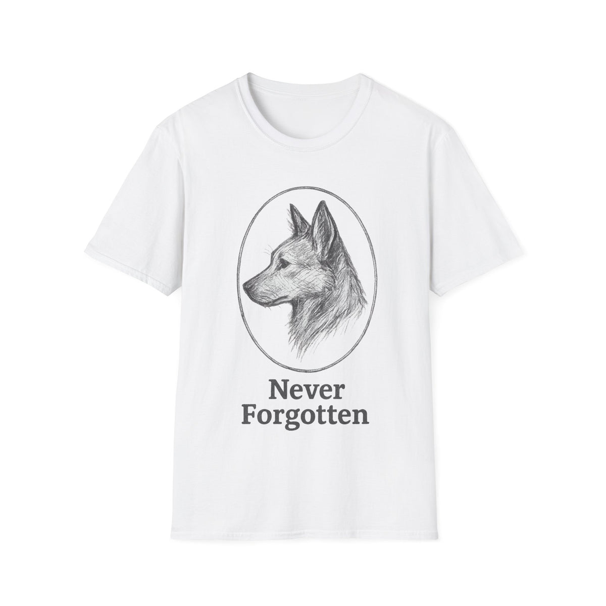 "Never Forgotten" German Shepherd Memorial Tee - Retro Dog Portrait Pet Loss White T-Shirt - Trending Now - September 2026