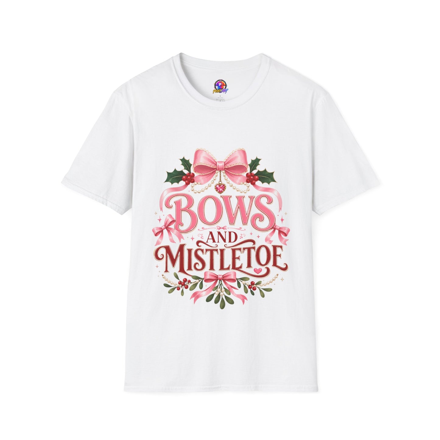 Bows and Mistletoe T-Shirt — Pink Holiday Bow Christmas Tee