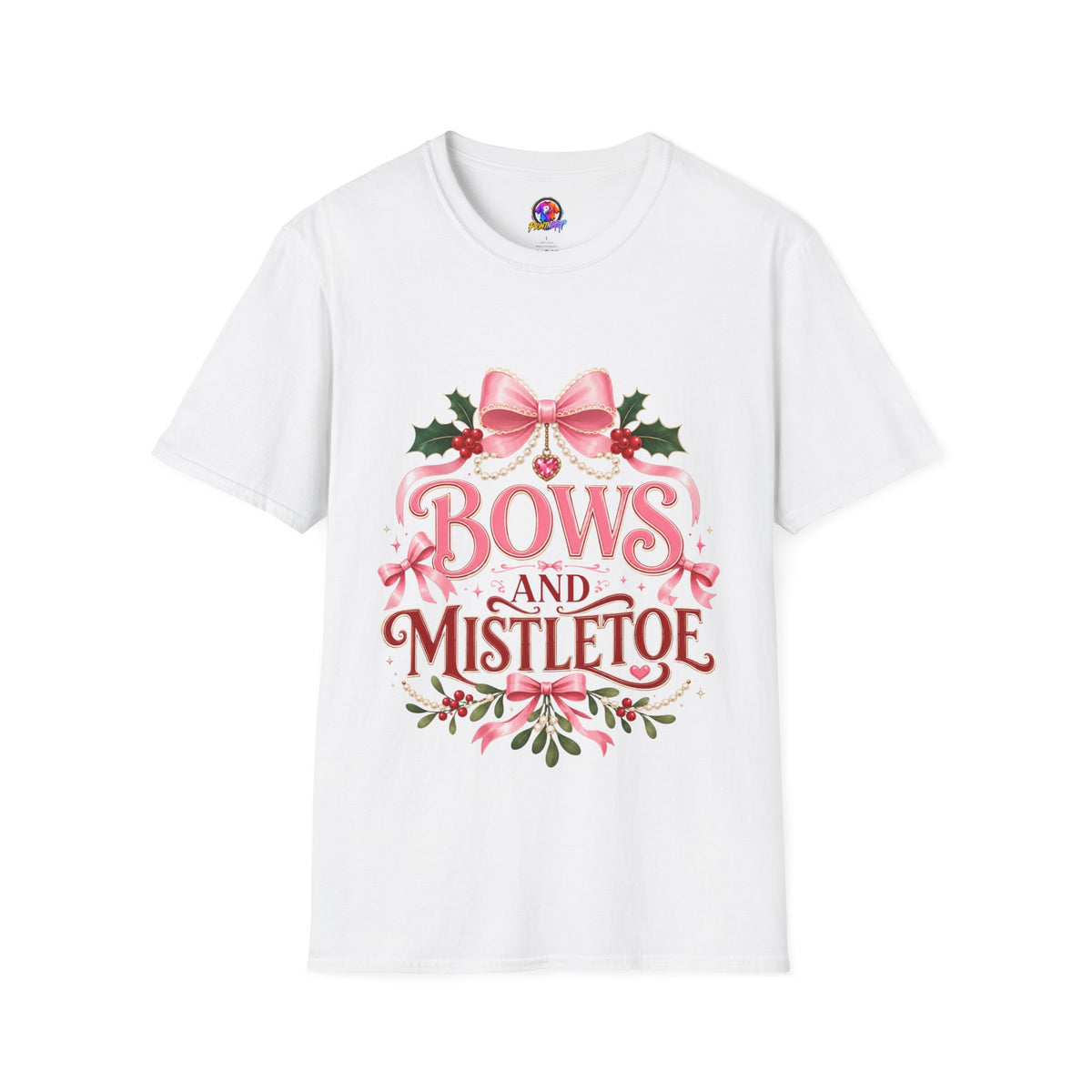 Bows and Mistletoe T-Shirt — Pink Holiday Bow Christmas Tee