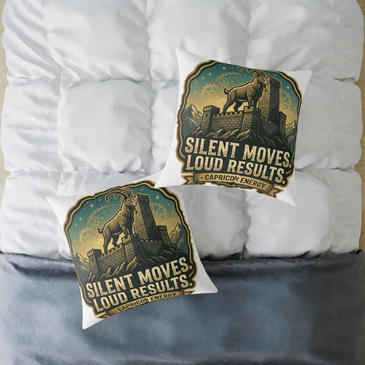 Capricorn Pillow — "Silent Moves, Loud Results" Square Throw Pillow