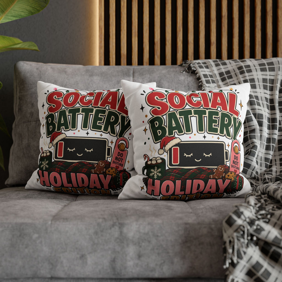 Social Battery Holiday Pillowcase  Modern Day Christmas — Cute Rechargeable Battery Christmas Throw Pillow Cover