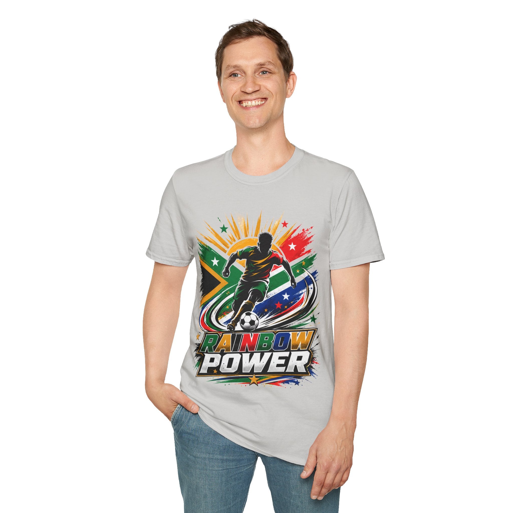 South Africa Soccer Rainbow Power T-Shirt — Colorful Football Player Graphic Tee