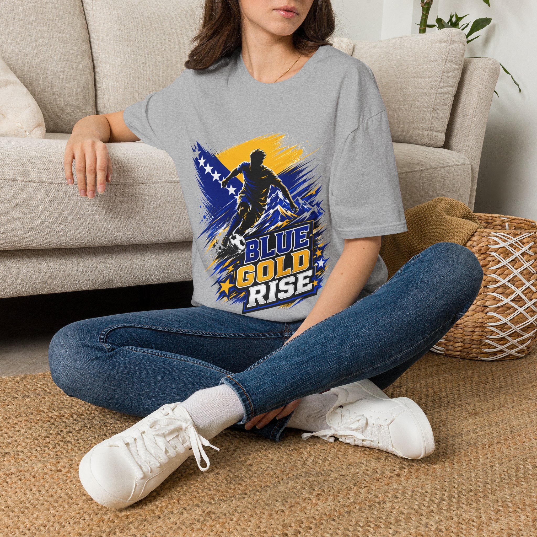 Bosnia Football T‑Shirt - "Blue Gold Rise" Soccer Graphic Tee