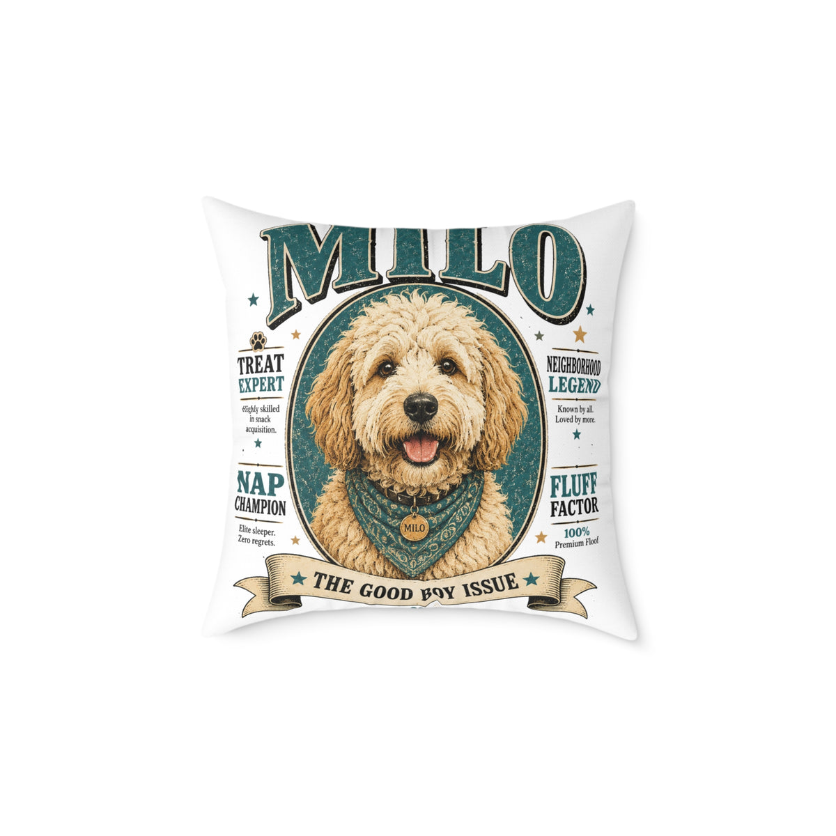 Milo Bailey Dog Dad Mom Square Pillow — "Milo: The Good Boy Issue" Dog Portrait Decorative Throw Pillow