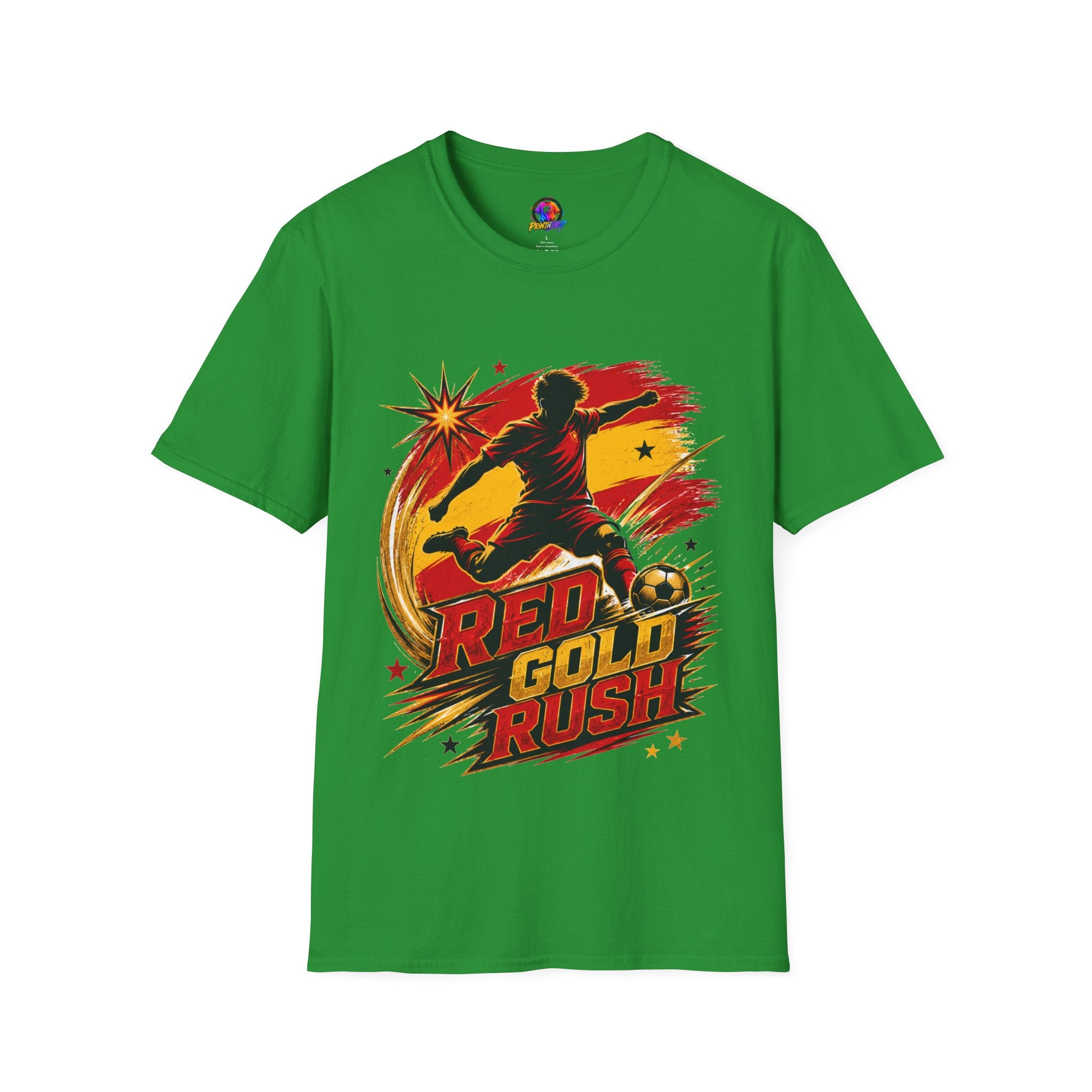 Spain Red & Gold Rush Soccer T-Shirt — Retro Soccer Player Graphic