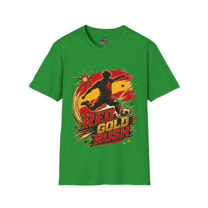 Spain Red & Gold Rush Soccer T-Shirt — Retro Soccer Player Graphic