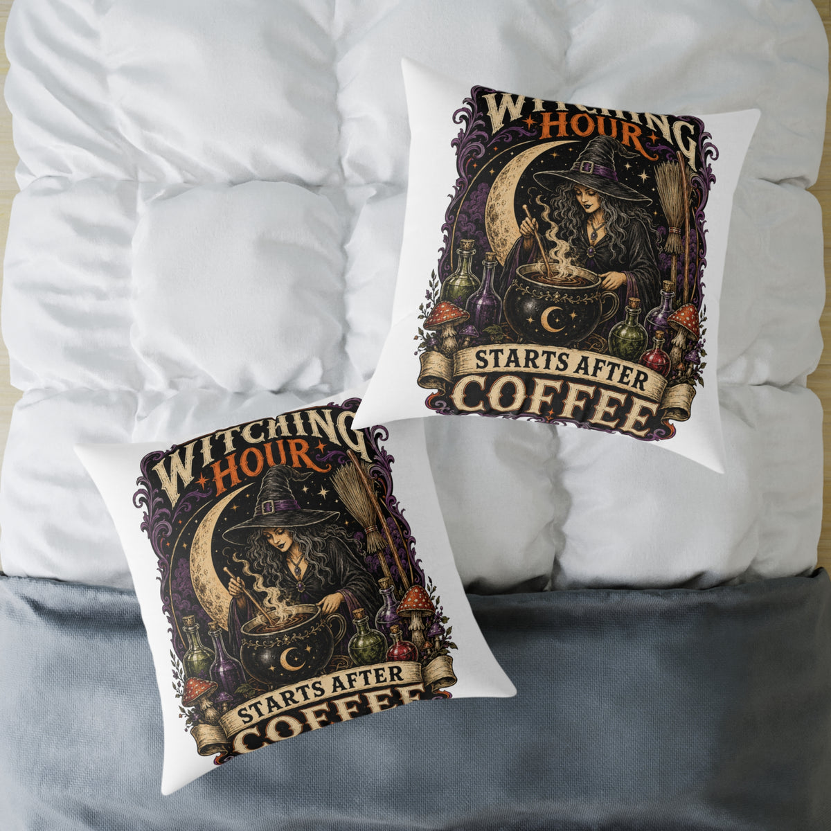 Halloween Witching Hour Pillow — 'Witching Hour Starts After Coffee' Gothic Witch Decorative Cushion