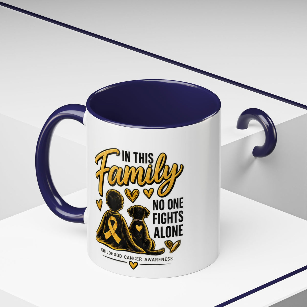 Childhood Cancer Awareness Coffee Mug — "In This Family No One Fights Alone"