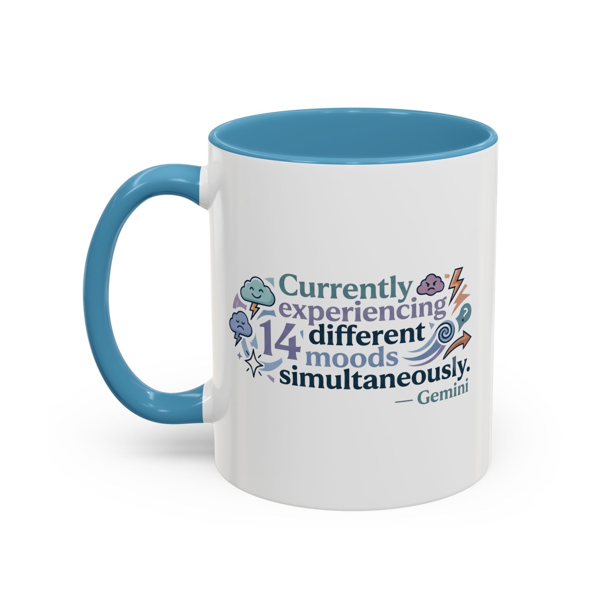 Gemini Mood Coffee Mug — "Currently Experiencing 14 Different Moods" Accent Ceramic Mug