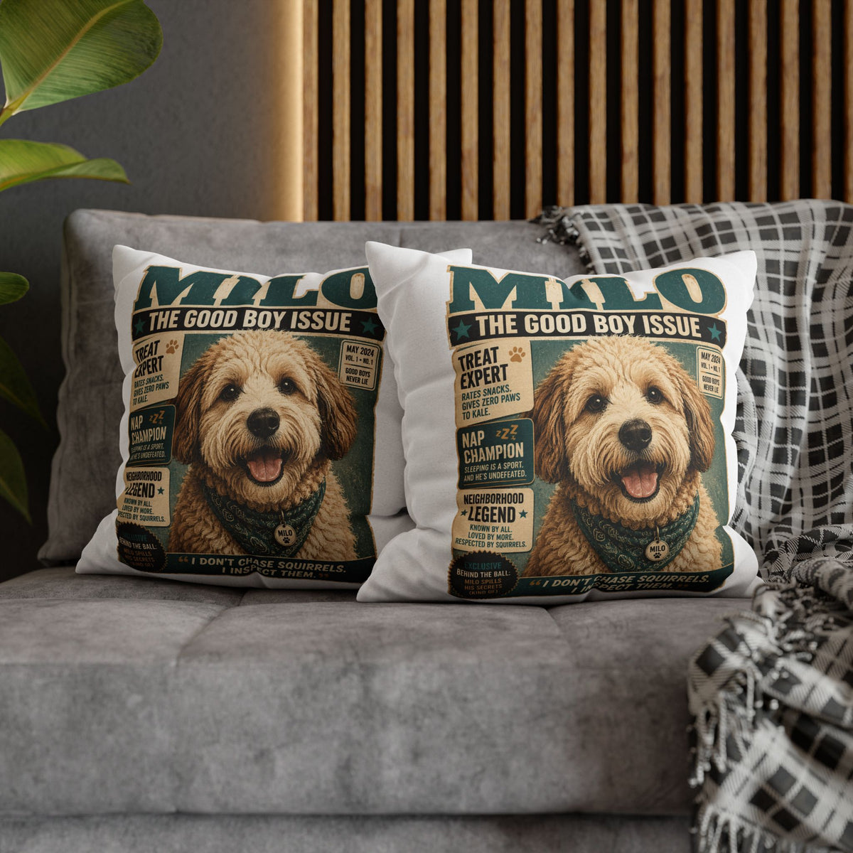 Dog Magazine Cover Pillowcase Milo Bailey Dog Dad Mom– "Milo: The Good Boy Issue" Decorative Throw Pillow