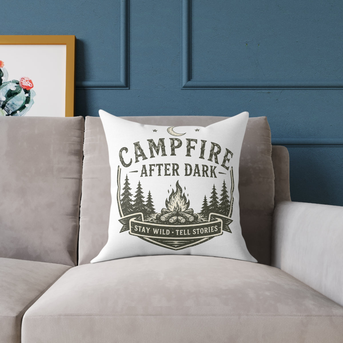 Milo Bailey Dog Dad Mom Pillow — Campfire After Dark Decorative Throw Pillow (Stay Wild, Tell Stories)