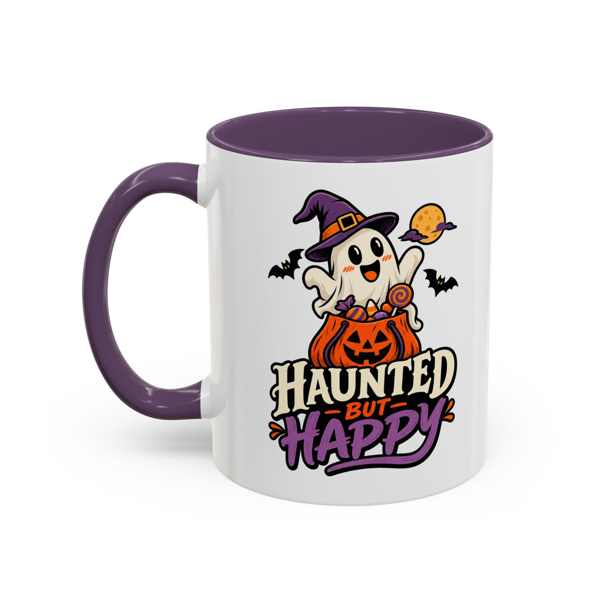 Haunted But Happy Coffee Mug — Halloween Ghost Pumpkin Accent Mug (11/15oz)
