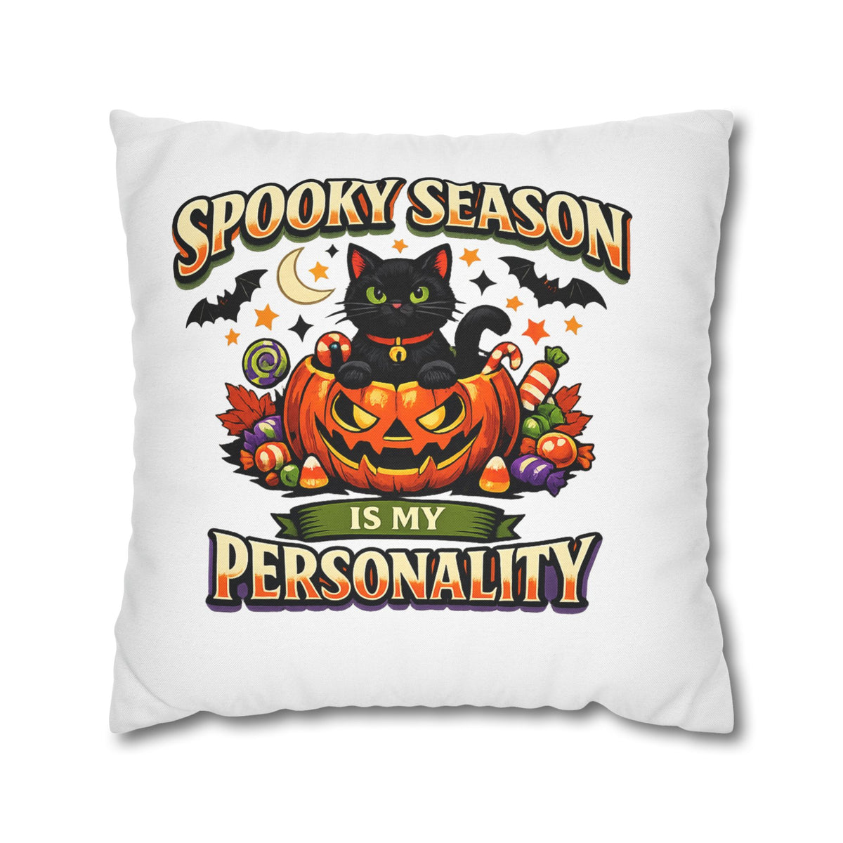 Halloween Pillowcase — "Spooky Season Is My Personality" Black Cat Pumpkin Decorative Pillow