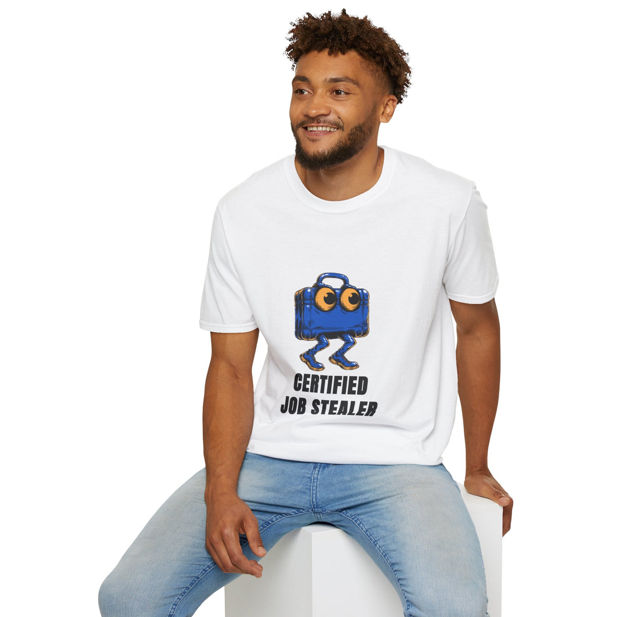 T-Shirt — Certified Job Stealer Funny Blue Suitcase Graphic - Trending Now - August 2026