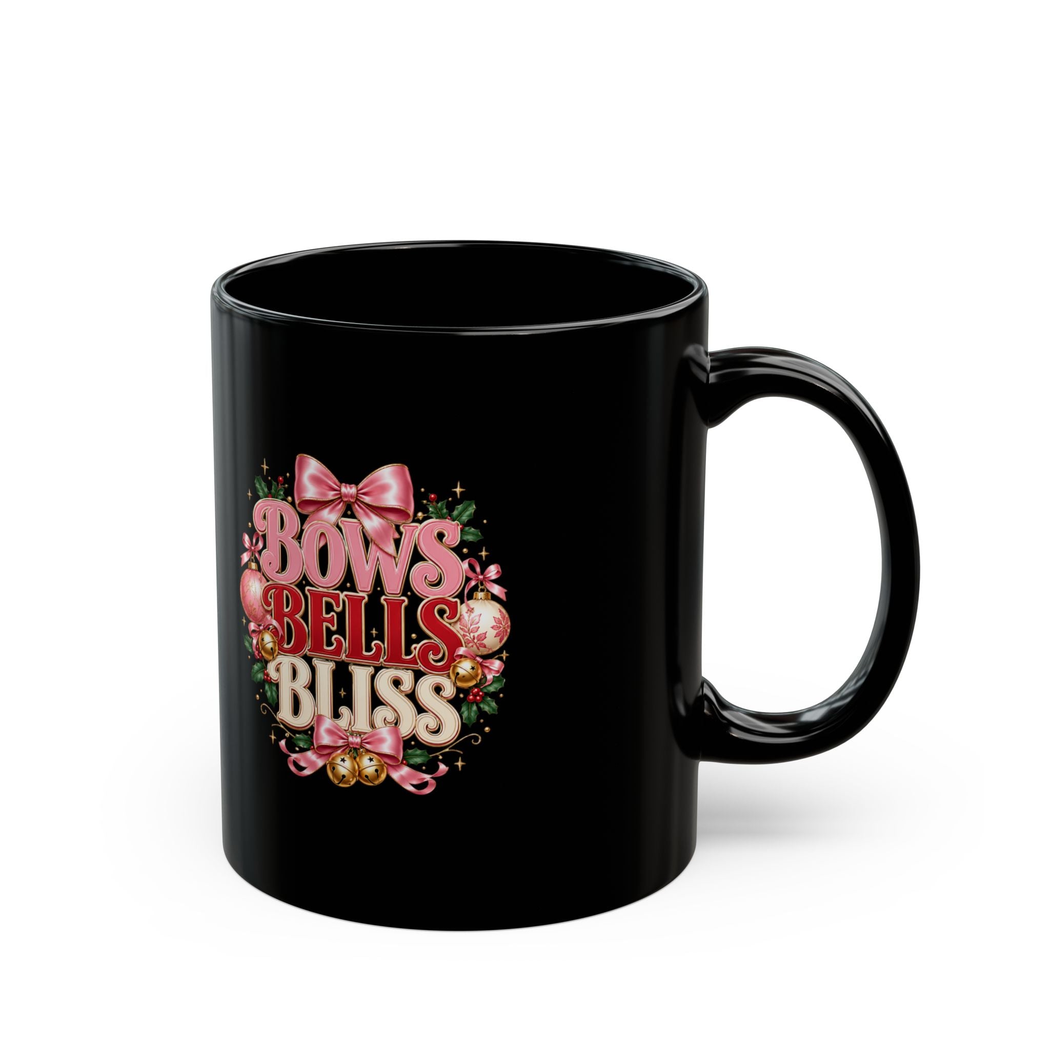 Bows, Bells & Bliss Black Christmas Mug — Festive Holiday Coffee Cup