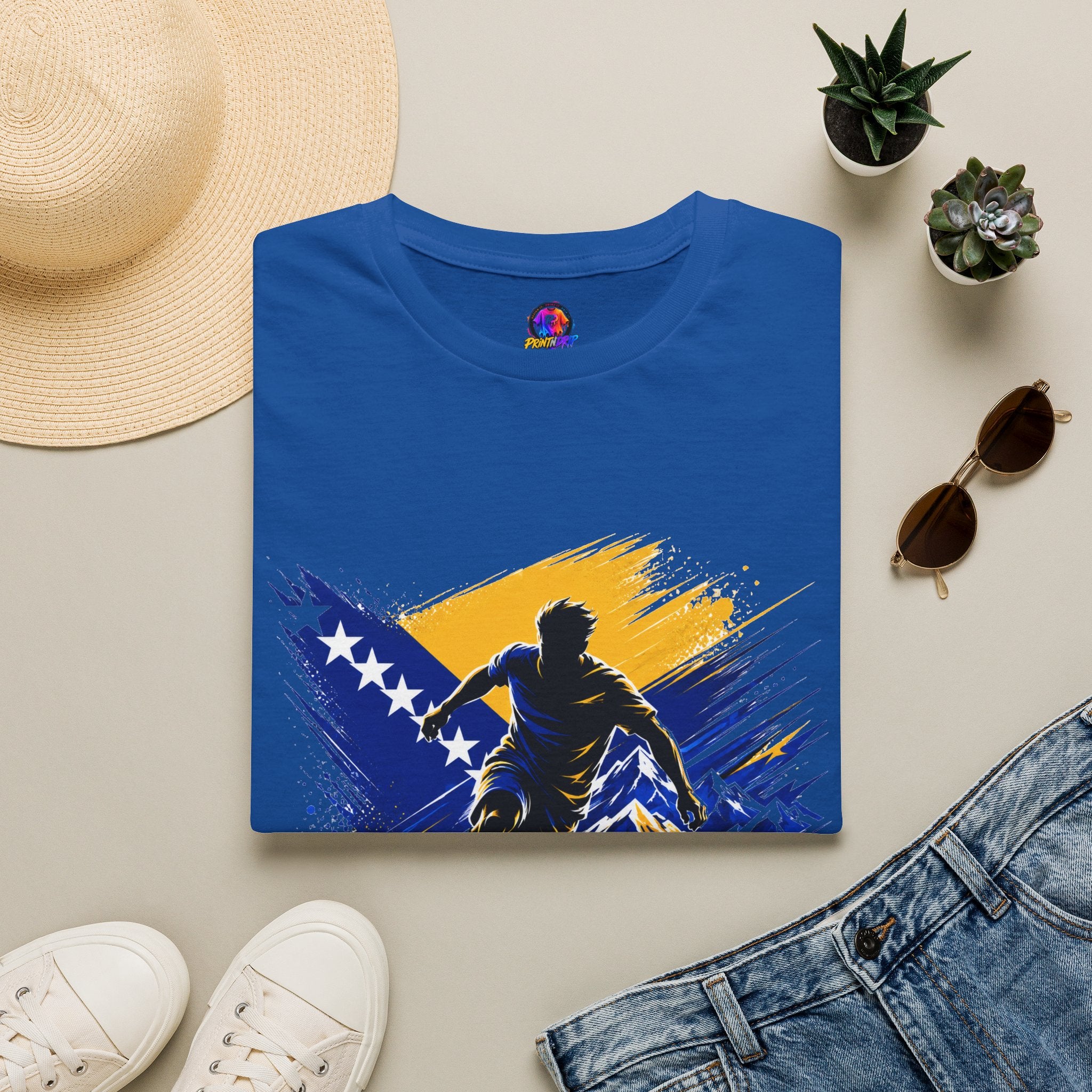 Bosnia Football T‑Shirt - "Blue Gold Rise" Soccer Graphic Tee
