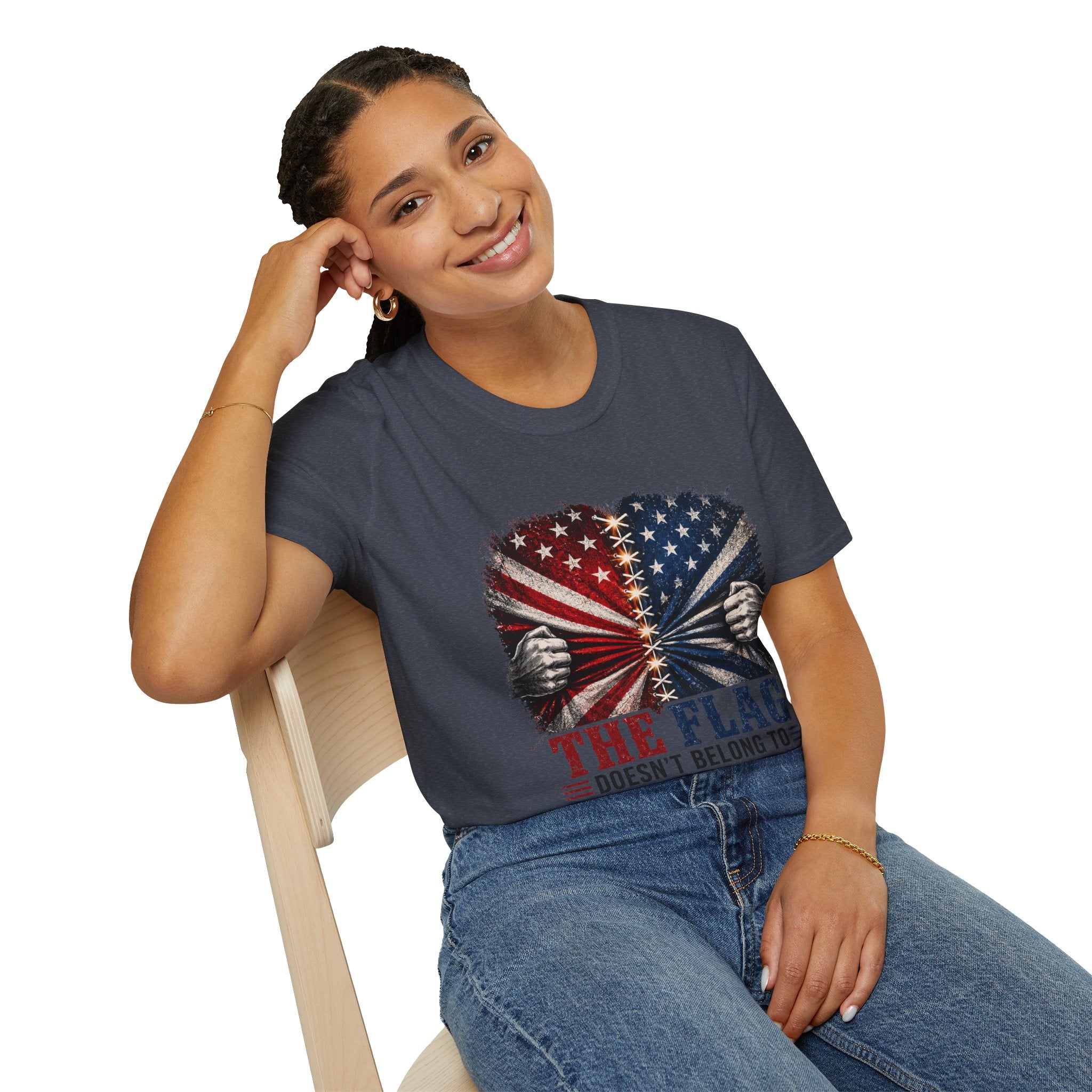 T-Shirt — "The Flag Doesn't Belong to One Side" Distressed American Flag Graphic