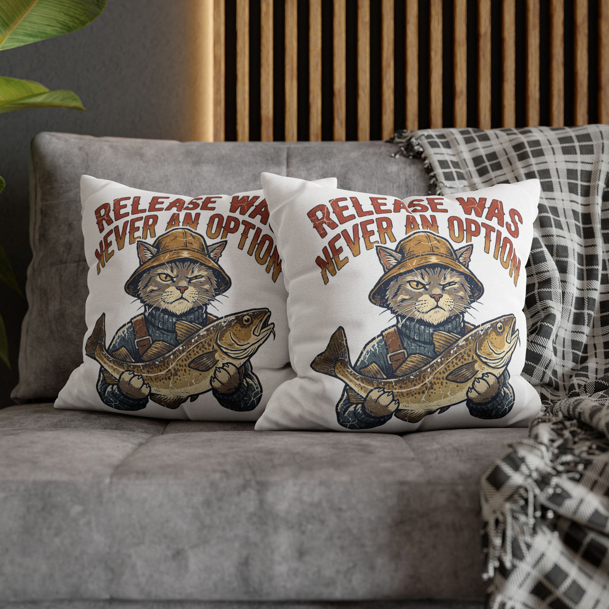 Funny Cat Angler Pillowcase - "Release Was Never An Option" Fishing Throw Pillow
