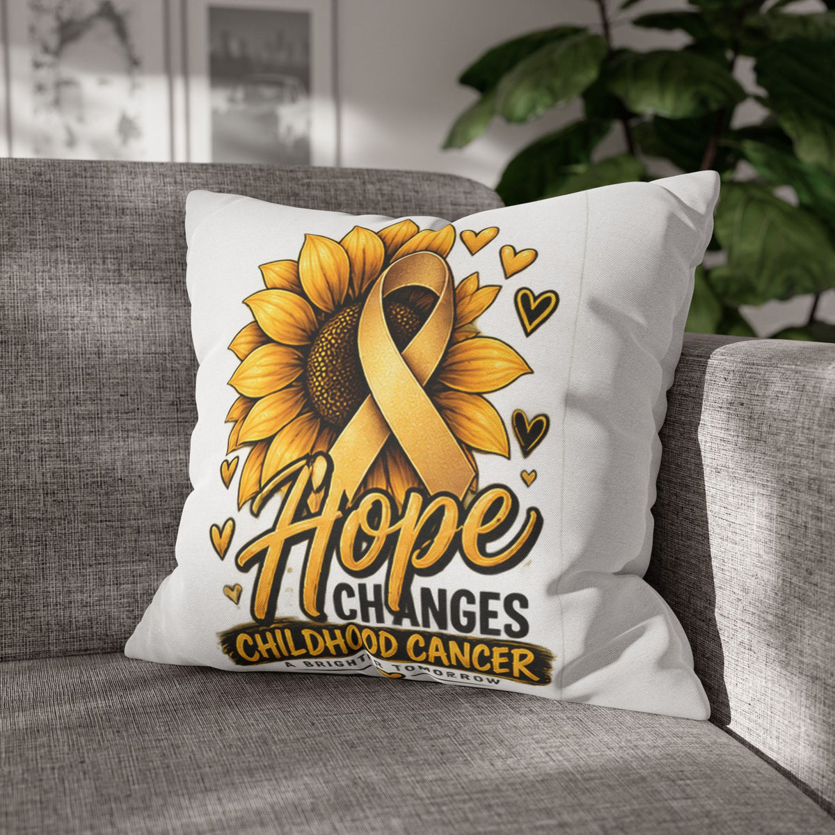 Childhood Cancer Awareness Pillow — "Hope Changes Childhood Cancer" Sunflower Ribbon Cushion