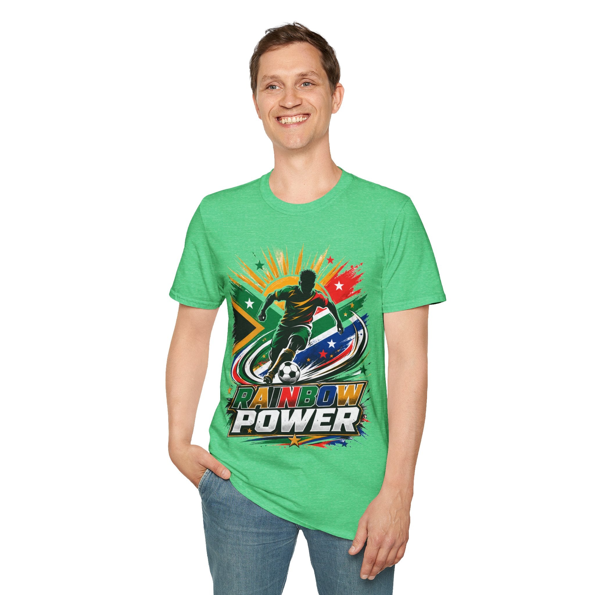 South Africa Soccer Rainbow Power T-Shirt — Colorful Football Player Graphic Tee