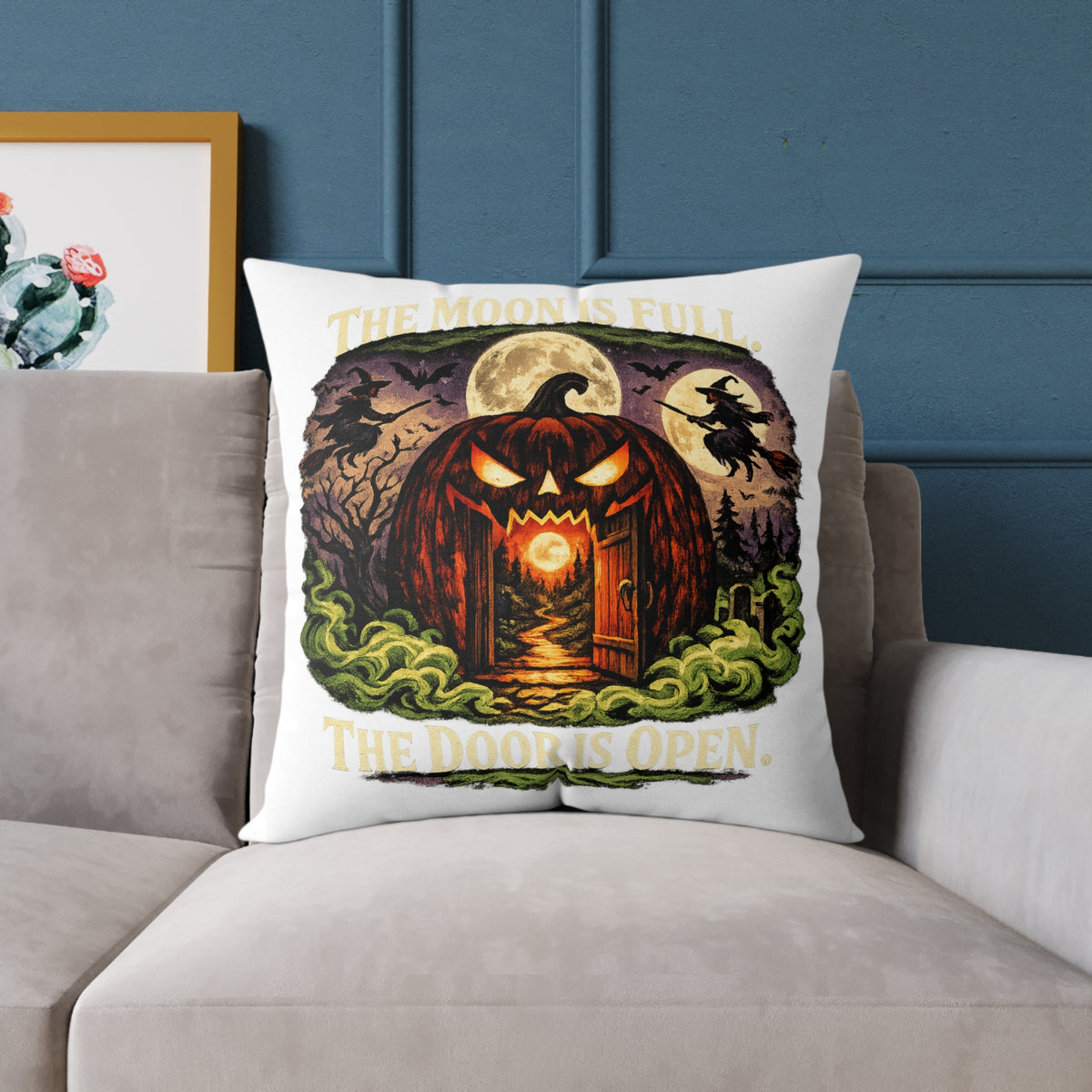 Halloween Pumpkin Doorway Square Pillow — Spooky Haunted House Decorative Throw Pillow