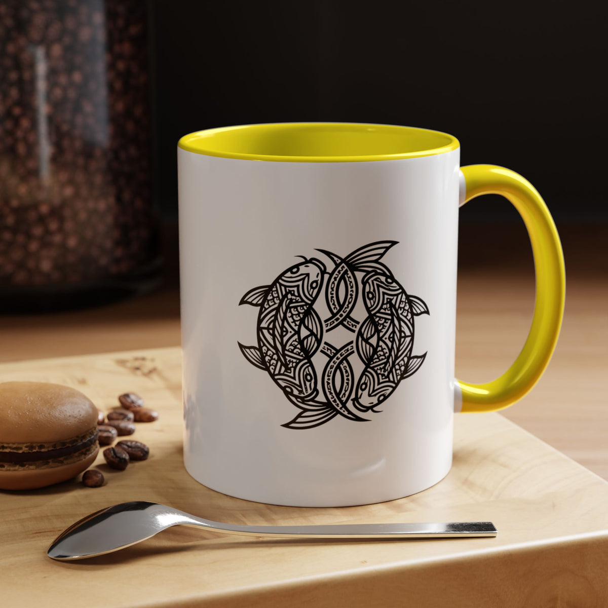 Pisces Zodiac Turtle Mandala Accent Coffee Mug – Black Interior & Handle, Intricate Tribal Sea Turtle Design
