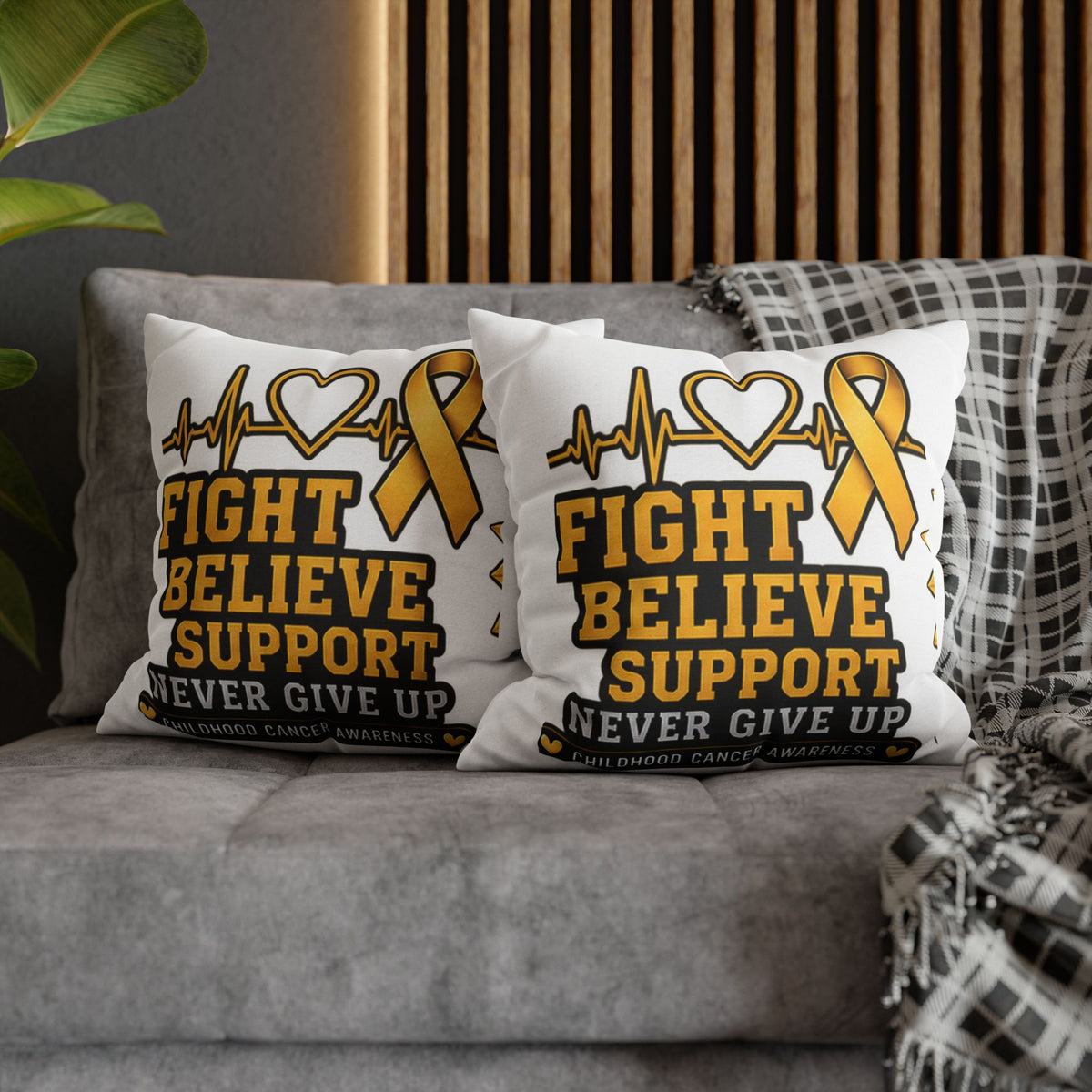 Childhood Cancer Awareness Pillow — "Fight Believe Support Never Give Up" Gold Ribbon Decorative Throw Pillow