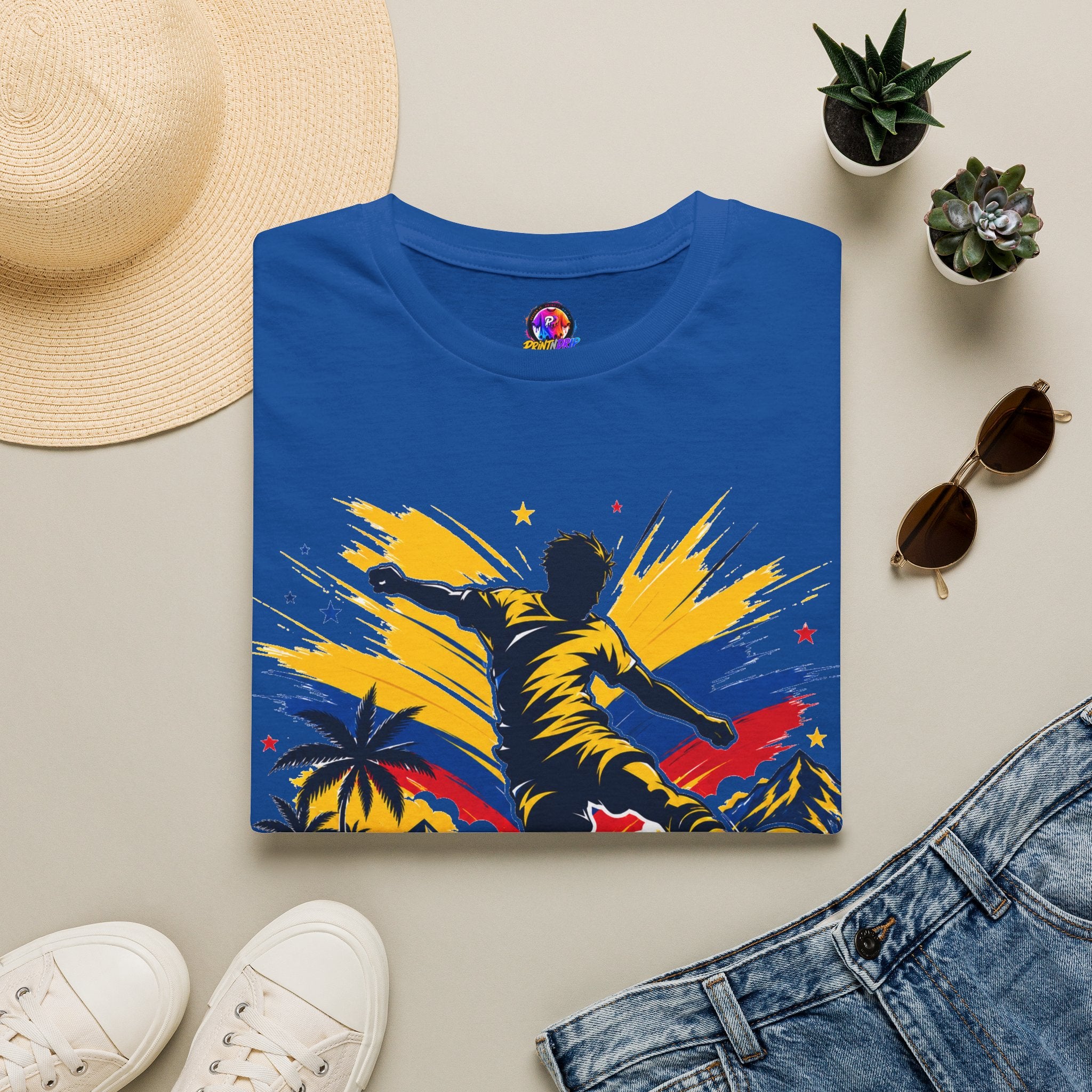 Columbia Soccer Player Graphic T-Shirt — "Golden Rhythm" Vibrant Beach Soccer Tee