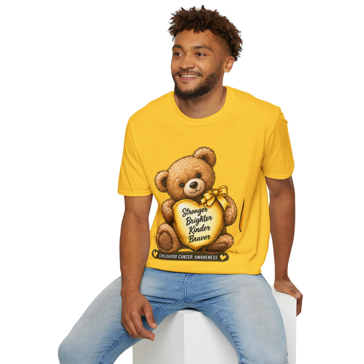 Childhood Cancer Awareness Teddy T-Shirt — "Stronger Brighter Kinder Braver"