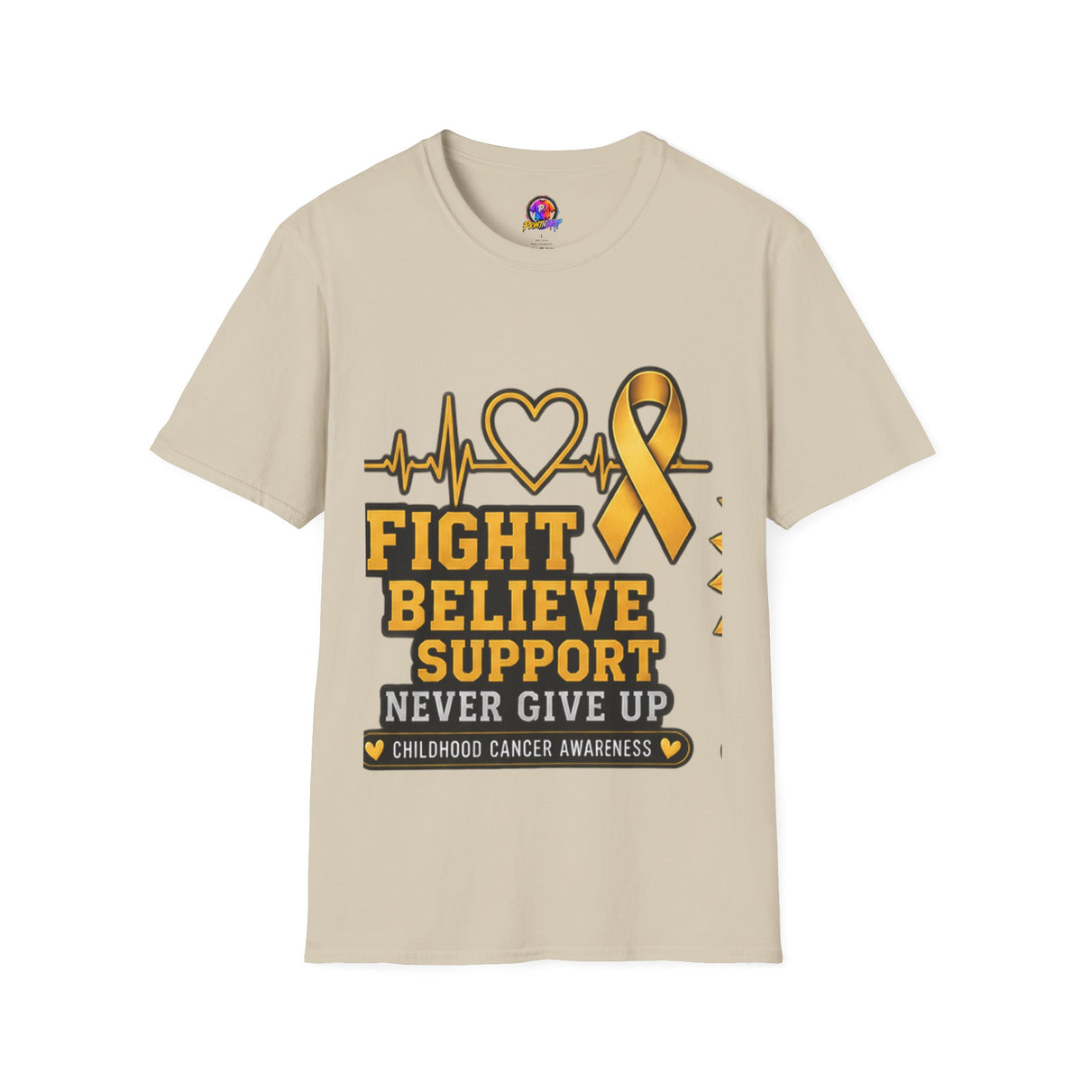 Childhood Cancer Awareness T-Shirt – "Fight Believe Support Never Give Up" Gold Ribbon Tee