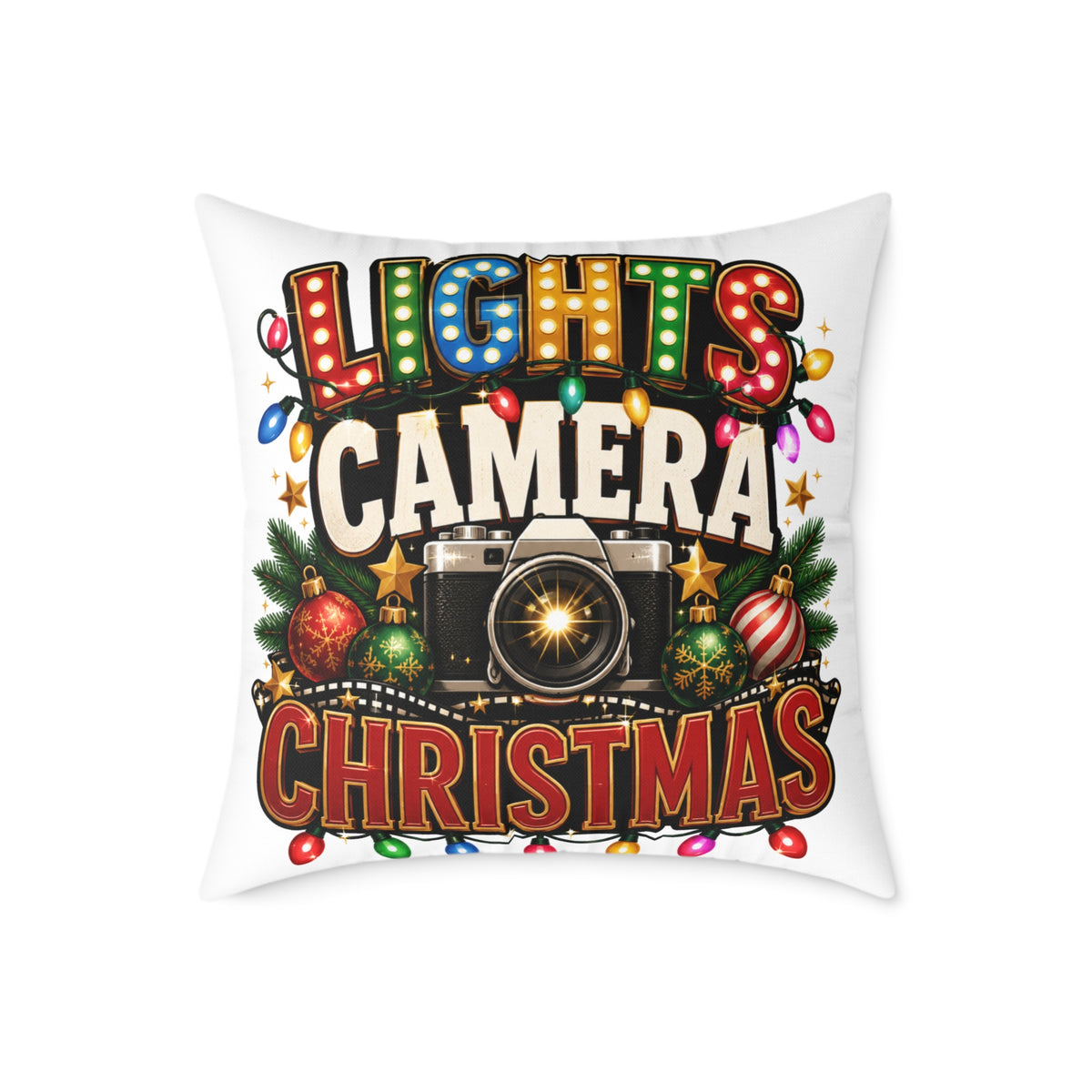 Christmas Photo Pillow - "Lights Camera Christmas" Decorative Square Throw Pillow