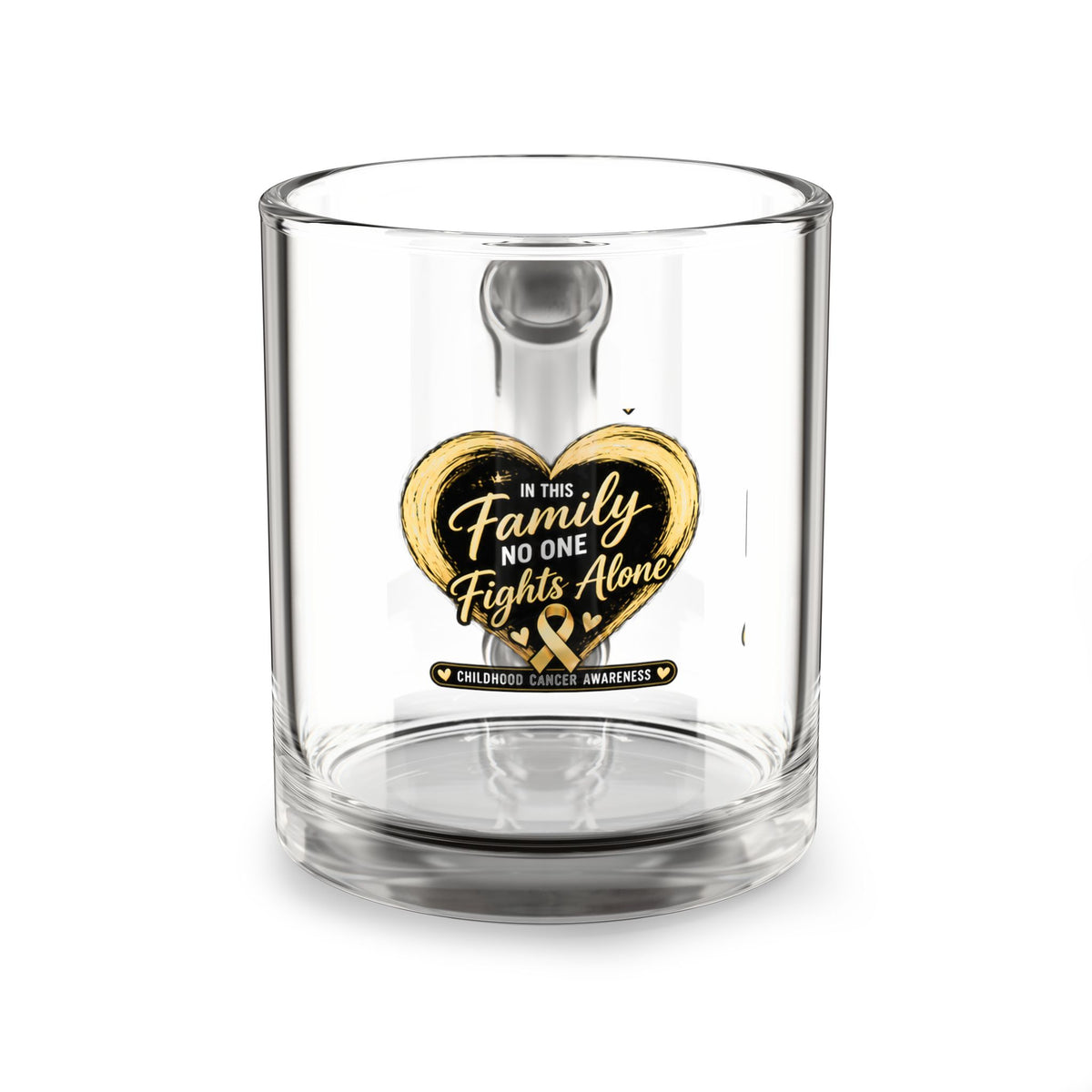 Childhood Cancer Awareness Glass Mug — "In This Family No One Fights Alone" 10oz