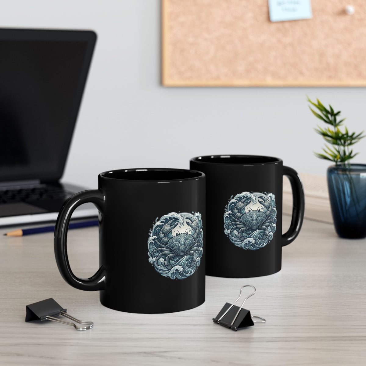 Cancer Zodiac Black Ocean Heart Ceramic Mug – Nautical Whale & Waves
