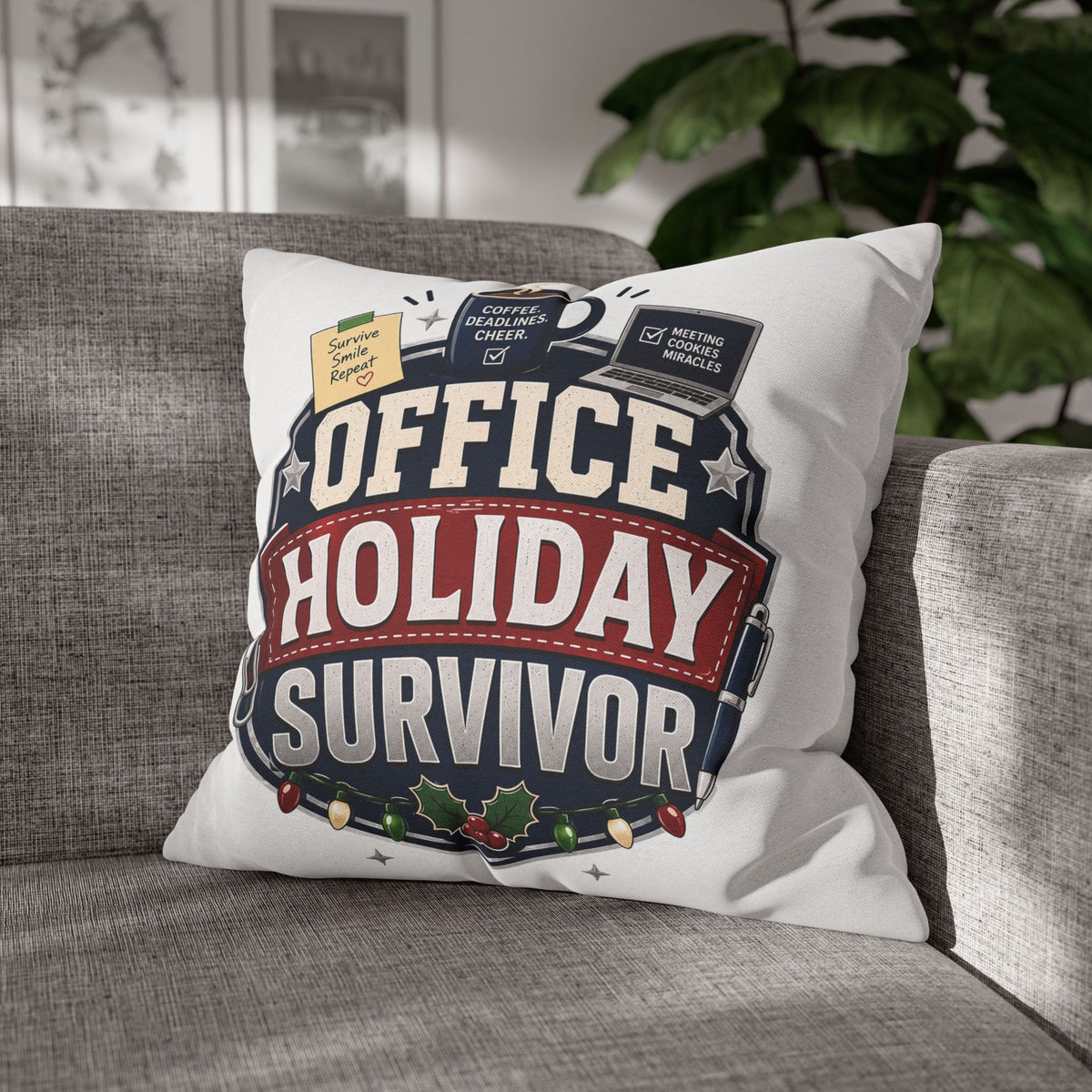 Office Holiday Survivor Pillowcase Modern Day Christmas  - Funny Workplace Christmas Decor
