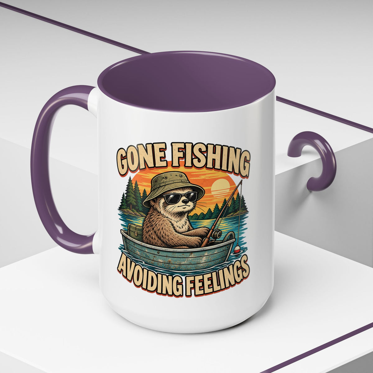 Funny And Witty "Gone Fishing Avoiding Feelings" Accent Coffee Mug (11, 15oz)