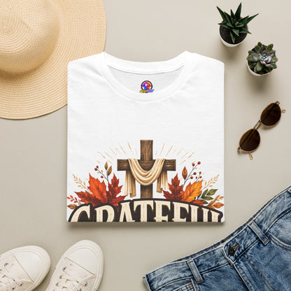 Grateful Heart T-Shirt — Christian Cross & Autumn Leaves Thanksgiving Tee