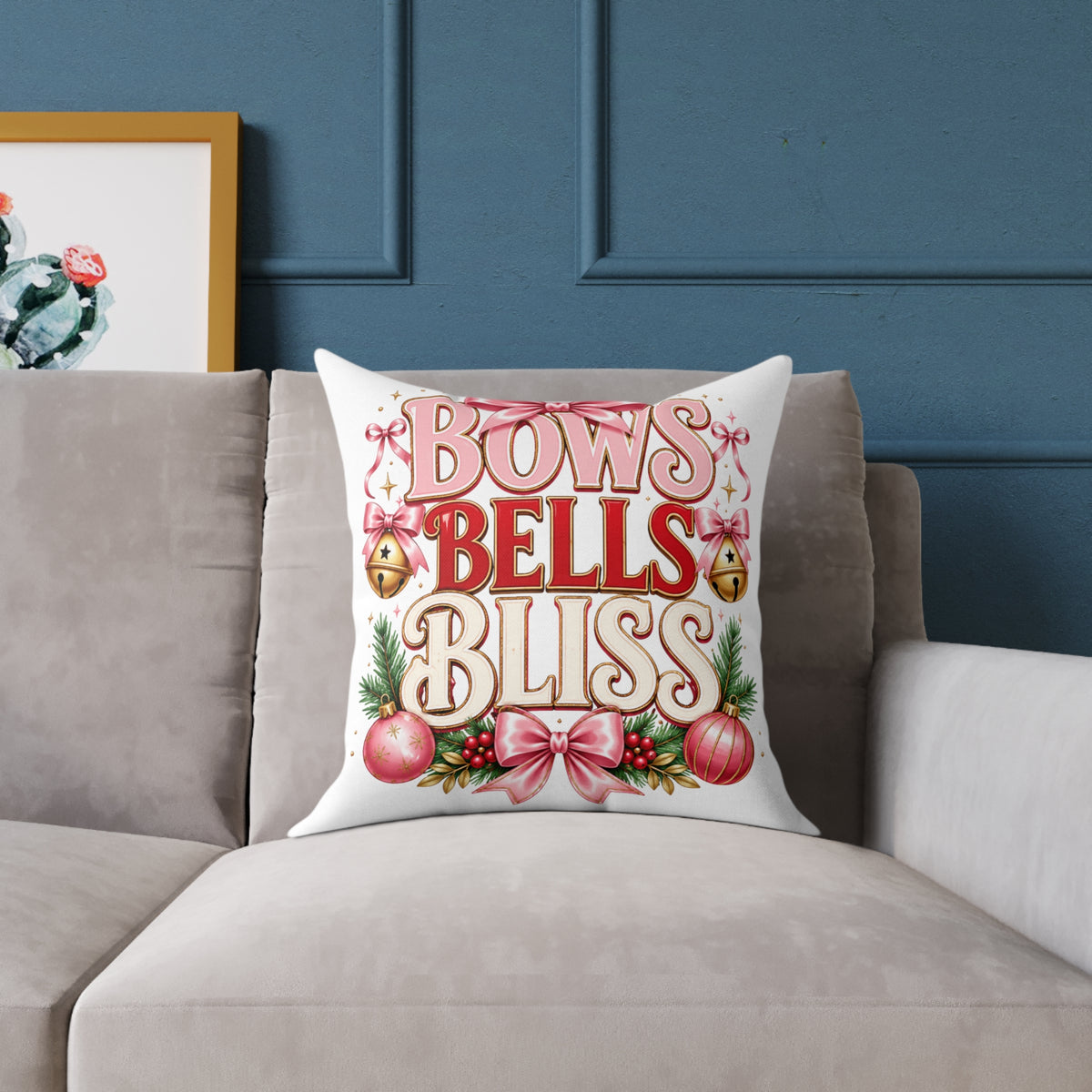 Christmas Bows Bells Bliss Square Poly Canvas Pillow