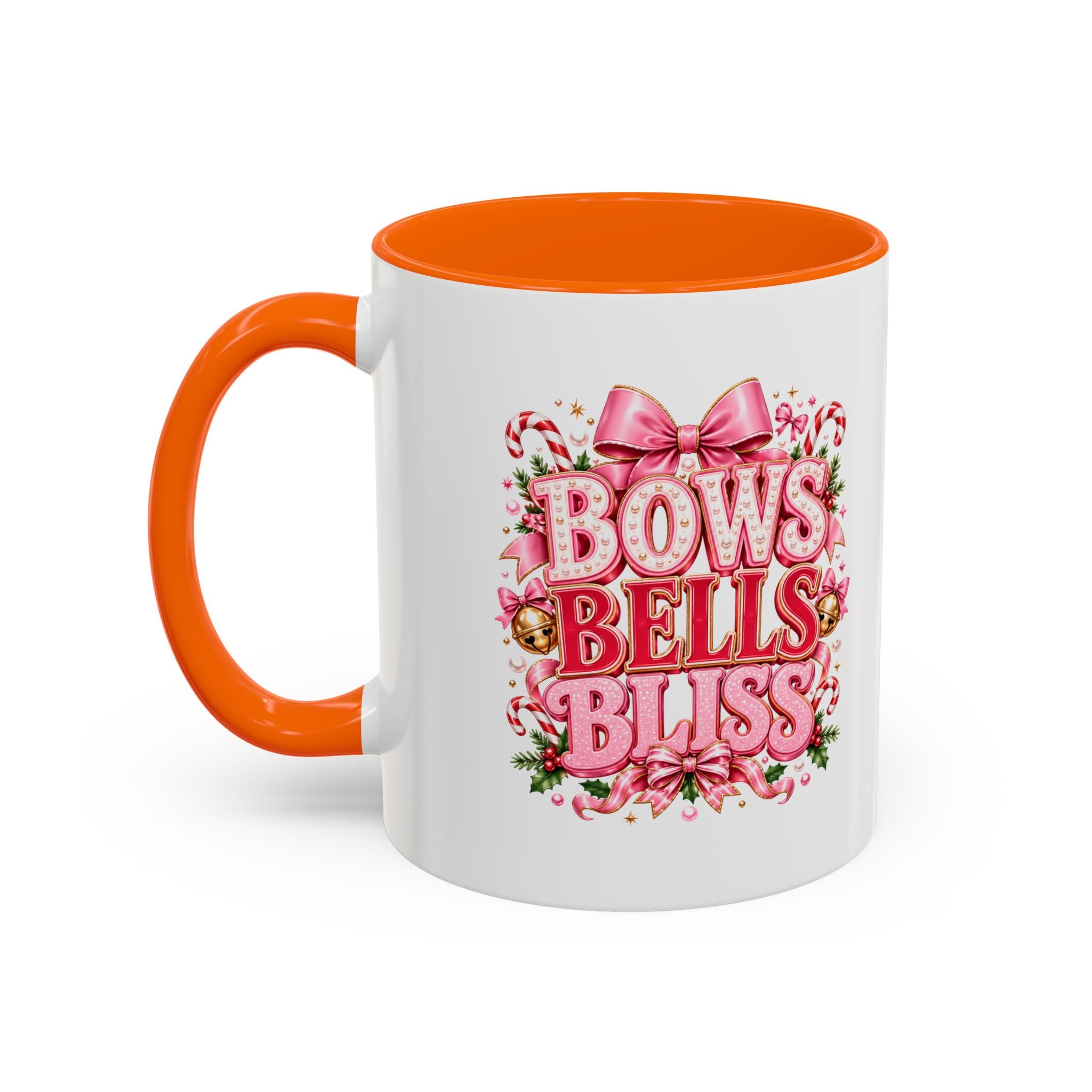 Modern Day Christmas Bows Bells Bliss Coffee Mug — Pink Holiday Accent Mug