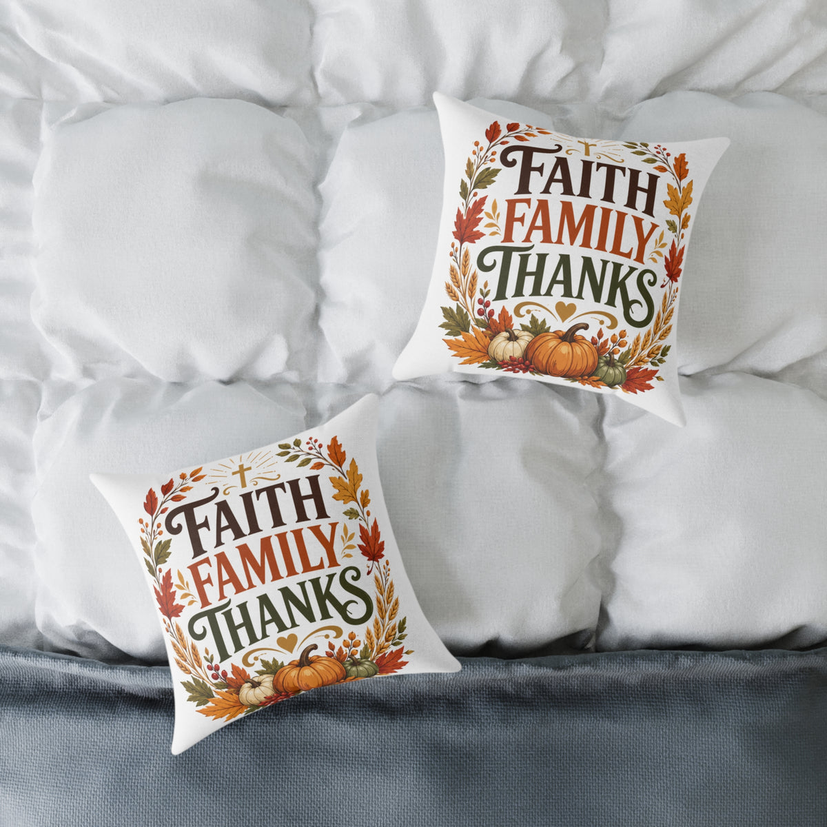 Thanksgiving Faith Family Thanks Fall Pillow — Thanksgiving Pumpkin Accent Cushion