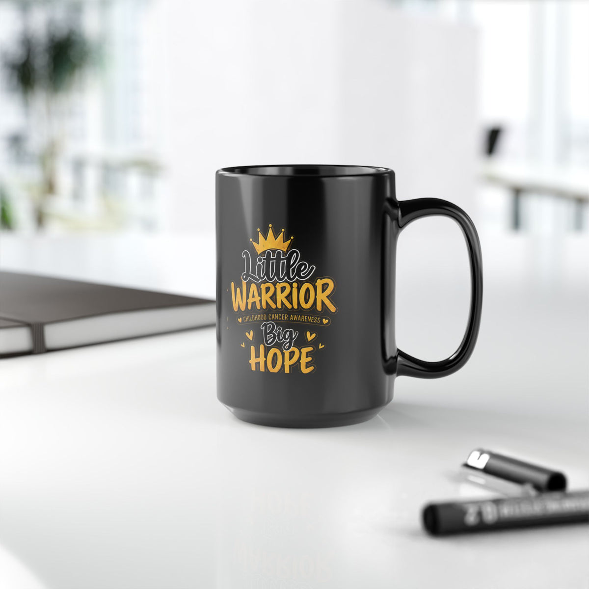 Childhood Cancer Awareness Black Mug — "Little Warrior Big Hope" 11oz/15oz