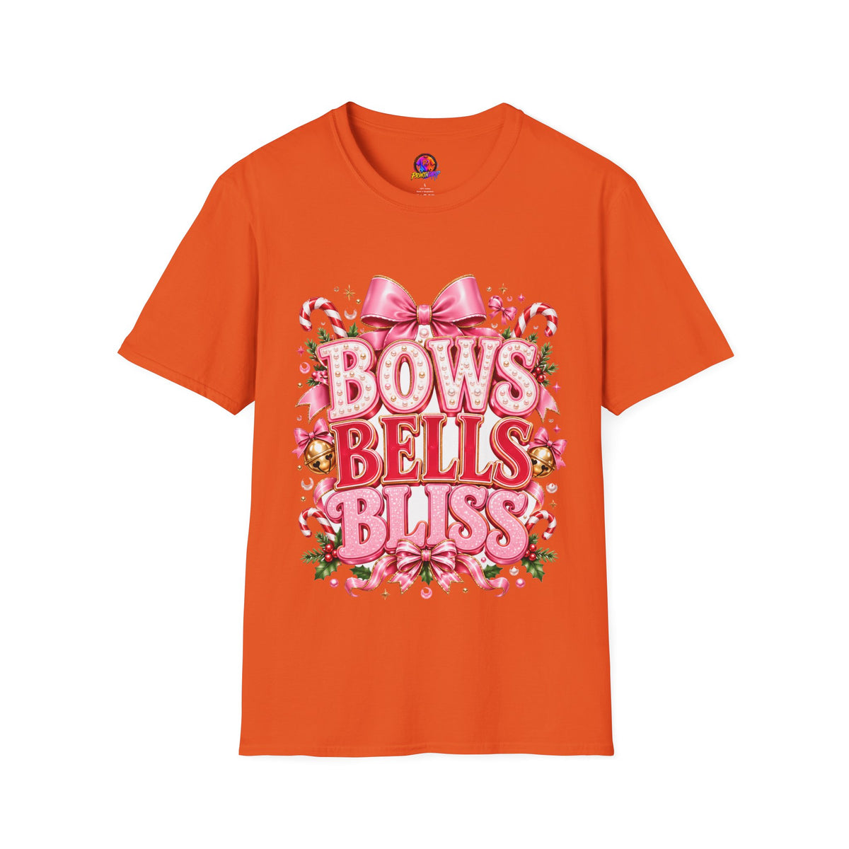 Bows Bells Bliss Christmas T‑Shirt — Pink Holiday Bow Graphic