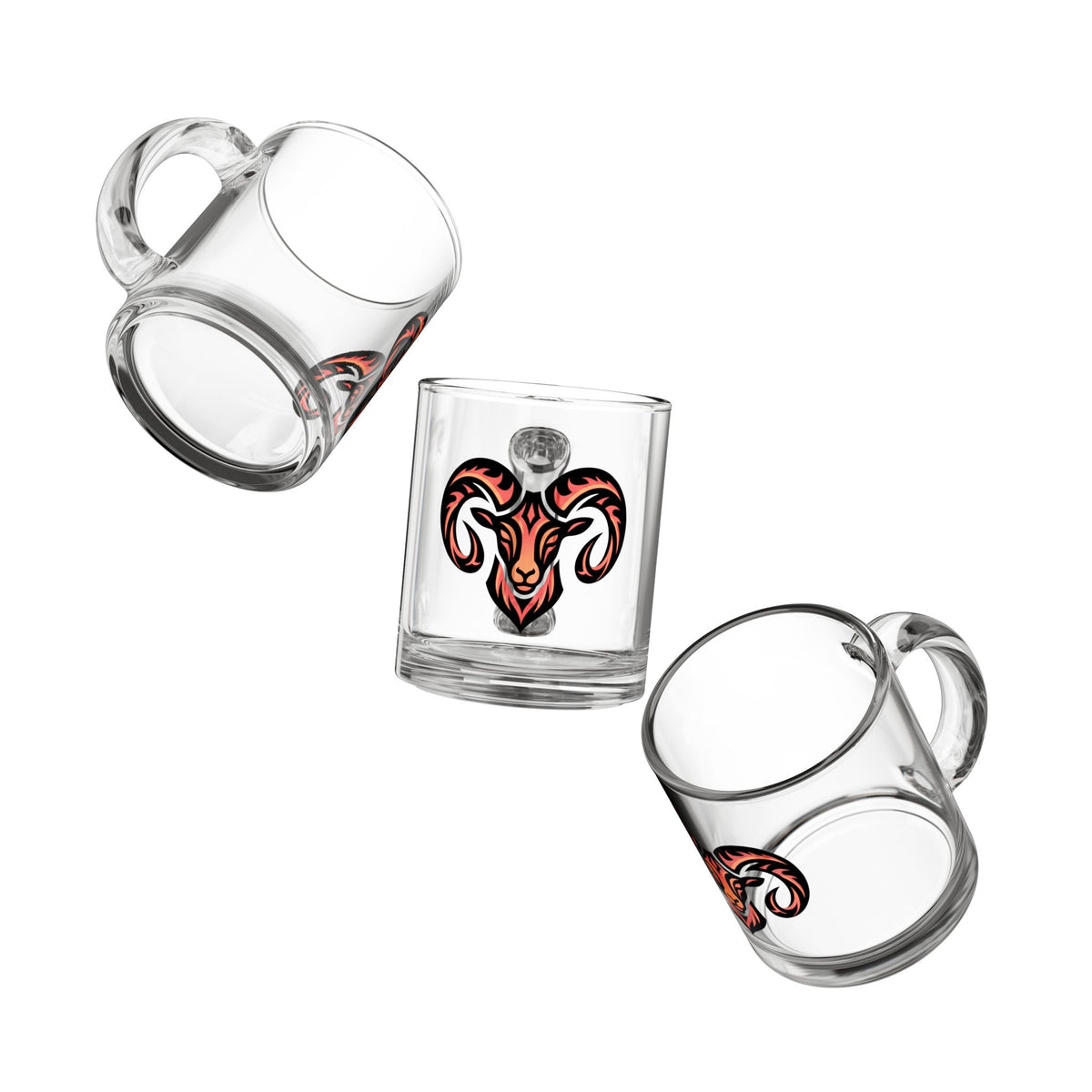 Aries Ram Head Glass Mug — Bold Tribal Aries Coffee Cup (10 oz)
