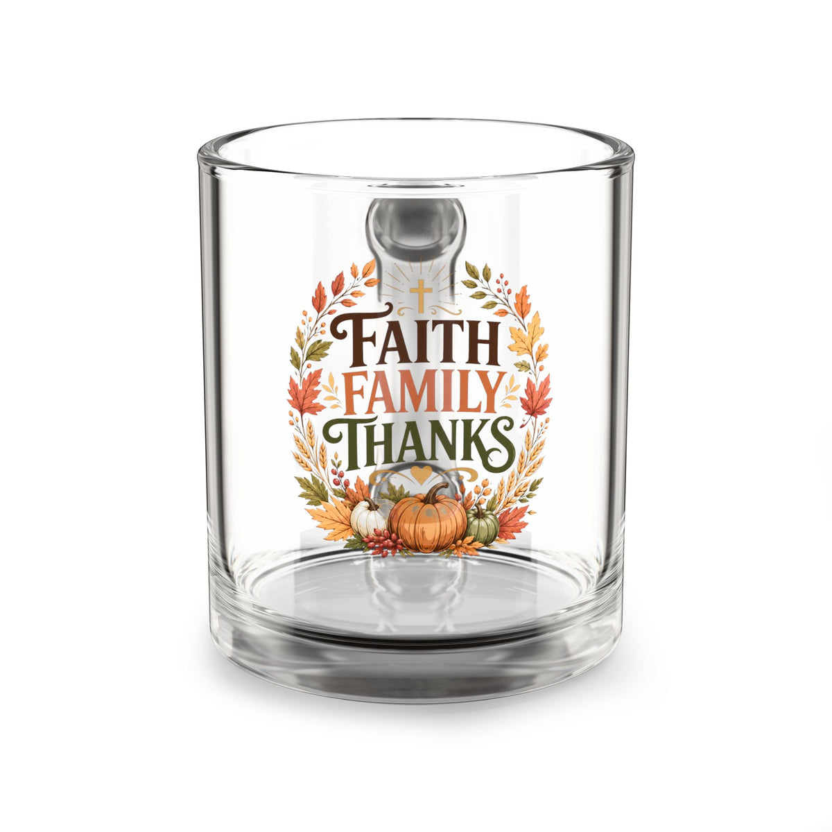 Faith Family Thanks Glass Mug – 10oz Thanksgiving Coffee Cup
